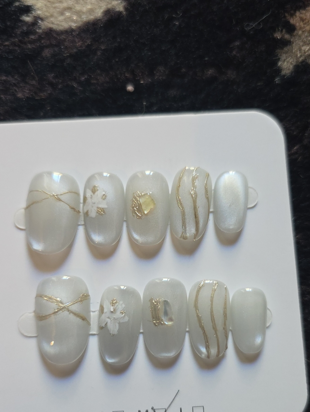 Pearl White Press-On Nails with Gold Accent | Elegant Women’s Nail Set Size Med